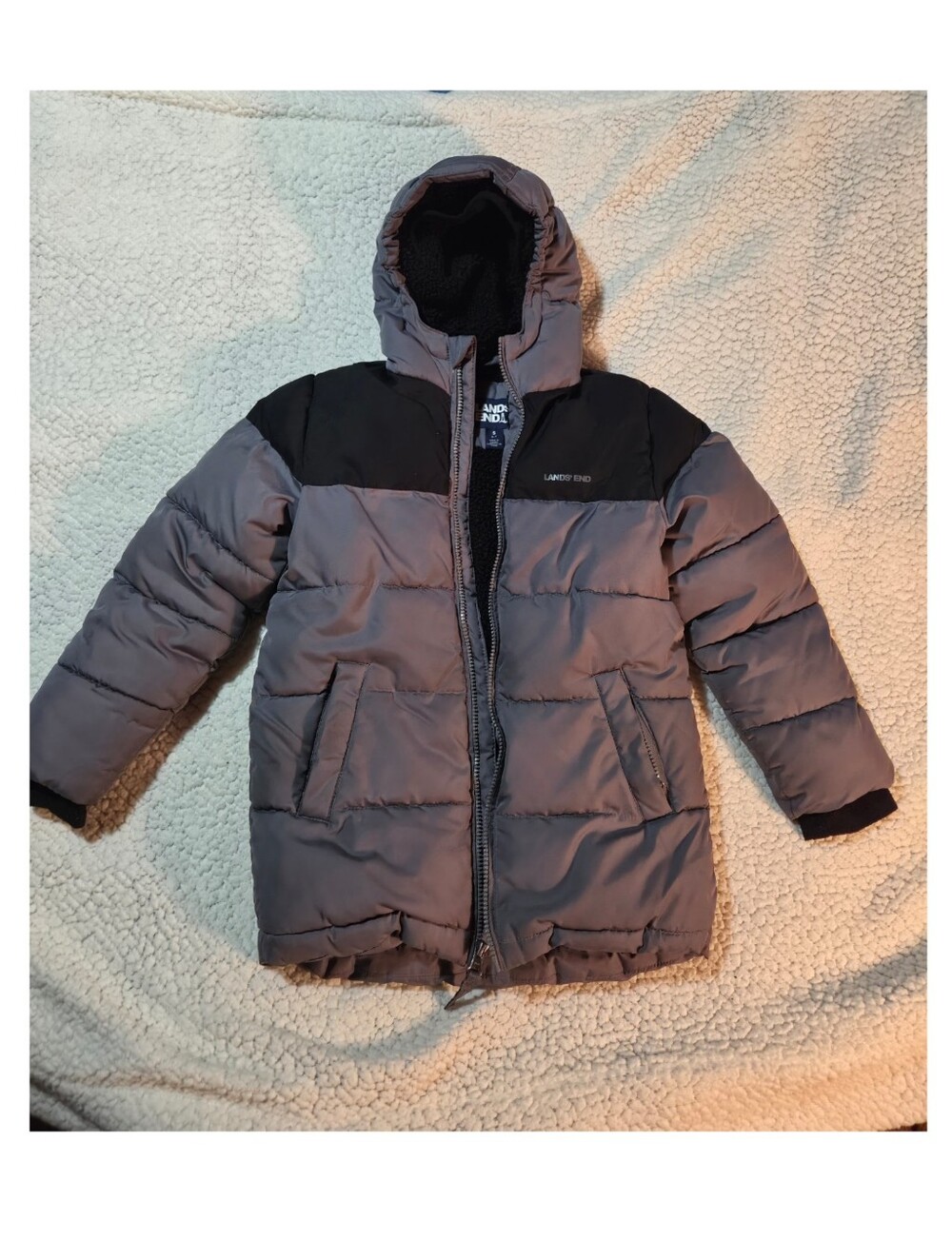 Lands End Kids Winter Puffer Jacket, Grey & Black, Size S 6-7